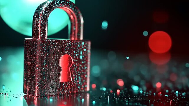 Colorful digital padlock symbolizing cybersecurity with blurred lights in the background - Powered by Adobe