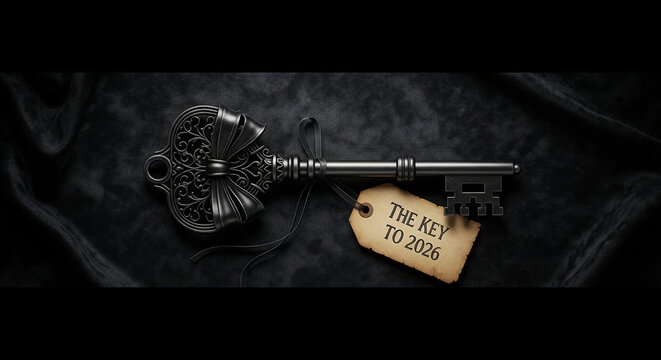 Decorative metal key with ribbon and paper tag on dark fabric, symbolizing solution or access to opportunity for 2026, perfect for future planning