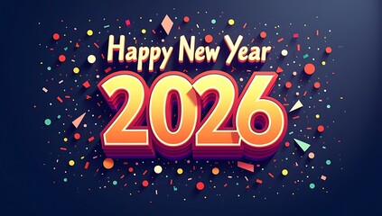 Happy New Year 2026 bold golden 3D letters with colorful fireworks burst and party confetti explosion