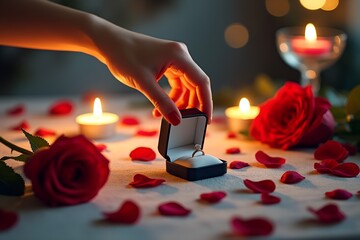 Romantic Proposal with Ring Box Surrounded by Candles and Red Roses, A Symbol of Love and Commitment