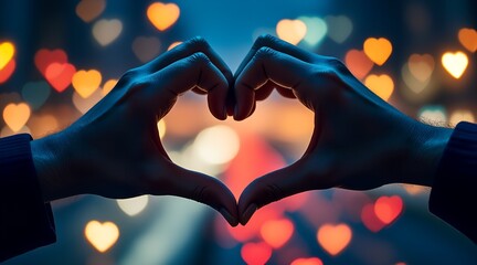 Hands Forming a Heart Shape with Bokeh Hearts in the Background, Conveying Love