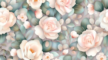 Soft Pink Floral Pattern with Delicate Roses and Leaves in a Light Background for Elegant Designs