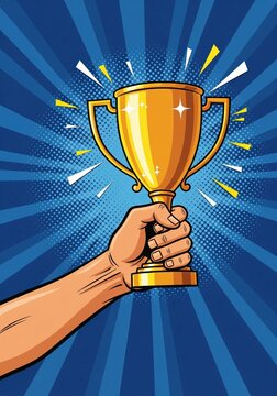 Pop Art Vector Trophy Award for a Winner Celebrating Success Achievement Victory and a Gamification Champion