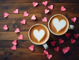 Heartfelt coffee scene two cups with heart latte art on a wooden table, surrounded by pink paper hearts, evoking love, warmth, and romance