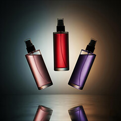 Three elegant perfume bottles floating in dramatic lighting