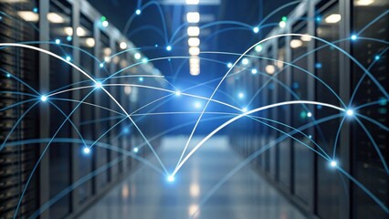 A futuristic data center featuring interconnected servers with glowing network lines, symbolizing data flow and connectivity in technology.