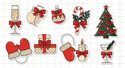 Festive Christmas Icon Collection Champagne, Ornaments, Gifts, Mittens, and Traditional Holiday Symbols