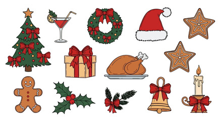 Festive Christmas Icon Collection Tree, Cocktails, Wreath, Gifts, Gingerbread, and Holiday Cheer