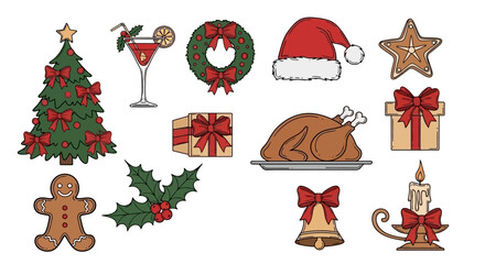 Festive Christmas Icon Collection Tree, Gifts, Cocktails, and Holiday Elements for Design