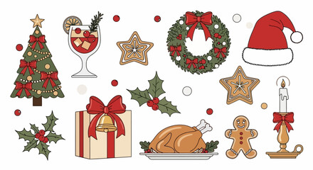 Festive Christmas Icon Collection Holiday Decorations, Treats, and Seasonal Symbols Illustration