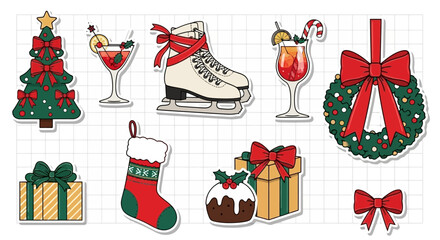 Fototapeta premium Festive Holiday Icons Christmas Tree, Cocktails, Skates, Wreath, Gift Boxes, Stocking, and Decorations