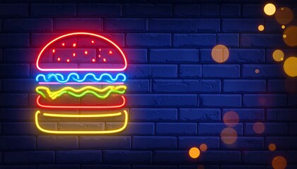 Neon hamburger sign glowing on a dark brick wall. Retro fast food advertising banner with bokeh lights and space for text vector