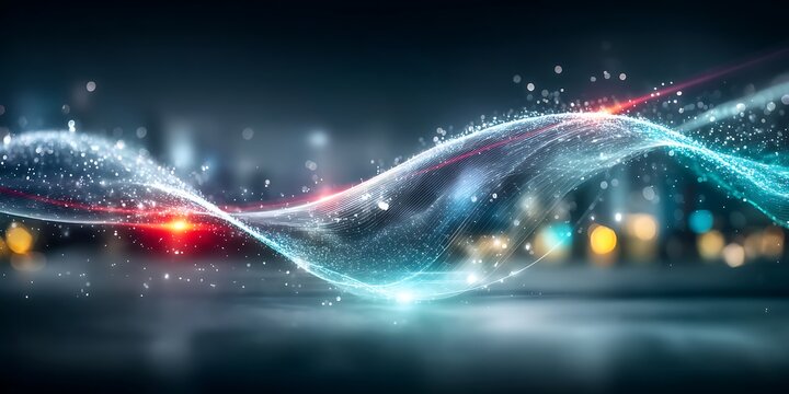 Abstract digital wave illuminated with sparkling lights in a futuristic cityscape at night