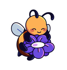 Cute baby honey bee sits on flower, gathers pollen. Funny honeybee sniffs smell of wildflower. Happy bumblebee relaxes on bloom meadow plant. Flat isolated vector illustration on white background.