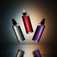 Three colorful perfume bottles suspended in mid air with reflections