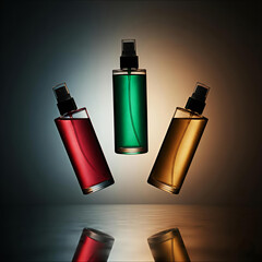 Three perfume bottles suspended in the air with dramatic lighting