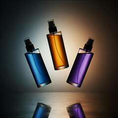 Three perfume bottles suspended in mid air with reflections