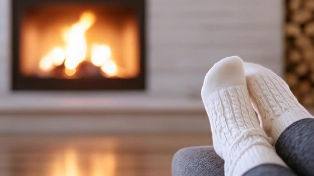 Cozy feet in knitted socks relaxing by warm fireplace