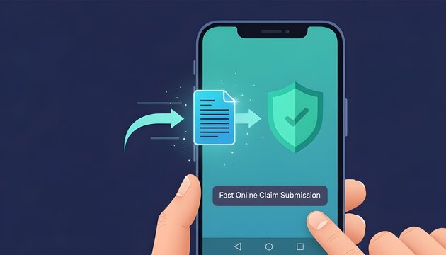 Mobile Interface with Glowing Document Icon Moving into Shield for Fast Online Insurance Claim