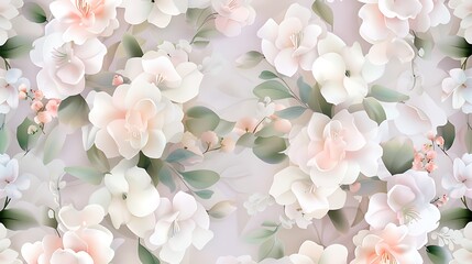 Elegant Floral Pattern with Soft Pastel Flowers and Delicate Green Leaves on a Light Background