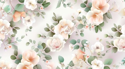 Soft Pastel Floral Pattern with Delicate Blooms and Green Leaves for Elegant Background Design