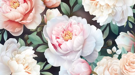 Elegant Floral Pattern with Peonies and Roses in Soft Pastel Tones on Dark Background
