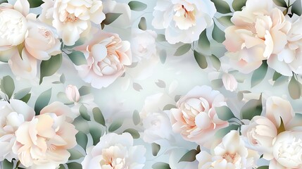 Elegant Pastel Floral Pattern with Soft Peonies, Delicate Leaves, and Subtle Background for Light and Airy Decor