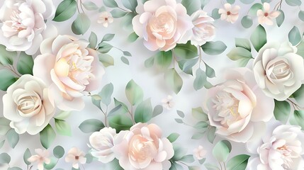 Delicate Floral Pattern with Soft Pastel Roses and Leaves for Elegant Design Projects