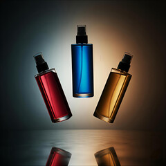 Three colorful perfume bottles suspended in air with reflections
