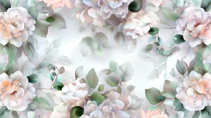 Soft and Elegant Floral Background with Pastel Roses and Lush Green Leaves on a Subtle White Canvas
