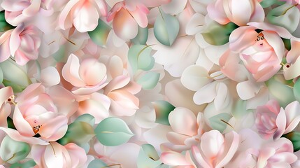 Soft Pastel Floral Background with Delicate Blooms and Green Leaves for Elegant Design Projects