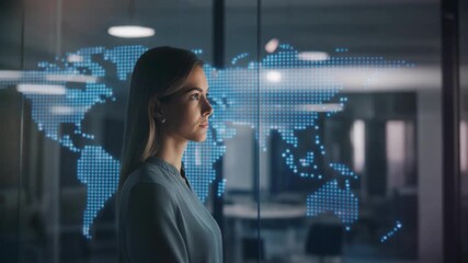 Woman looking at holographic world map with glowing data connections and facial recognition grid face - Powered by Adobe