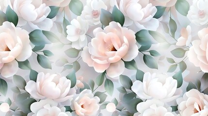 Delicate Floral Pattern with Soft Pink Roses and White Blossoms on a Light Background