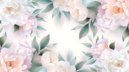 Soft Pastel Floral Background with Elegant Peonies, Green Leaves, and Light Color Palette for Design Projects