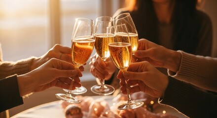 People toasting champagne glasses at celebration – festive cheers with copy space