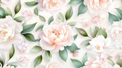 Elegant Floral Pattern with Soft Peonies and Lush Green Leaves on a Light Background