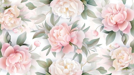 Serene Floral Background Featuring Soft Pink Peonies and Delicate Green Leaves on a Light Pastel Surface