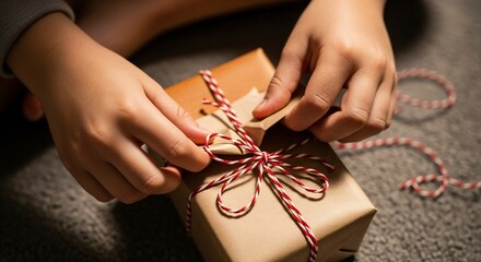 Child’s hands opening wrapped gift – Christmas anticipation with copy space