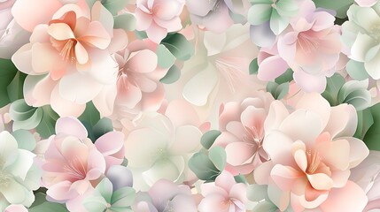 Soft Pastel Floral Pattern with Delicate Blossoms and Green Leaves for Elegant Background Designs