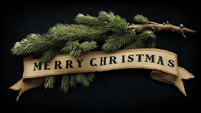 Vintage Christmas banner with pine tree branch and ribbon on a black background with Merry text in vintage typography and empty space for text