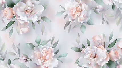 Soft Pastel Floral Pattern with Peonies and Leaves for Elegant Backgrounds and Designs