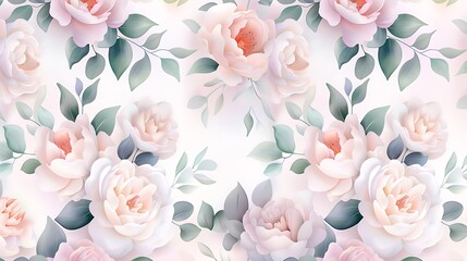 Soft Pink Roses and Delicate Green Leaves on a Light Background in Vintage Floral Pattern Design