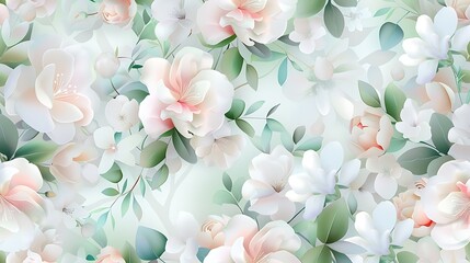 Elegant floral pattern featuring soft pastel flowers and greenery on a light background for design projects