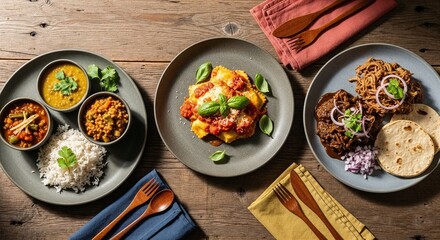 Assorted international dishes on rustic wooden table with copy space