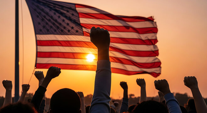 People's raised fists silhouetted before american flag at golden hour light.