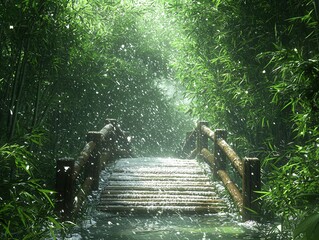 Wooden bridges and paths in the bamboo forest