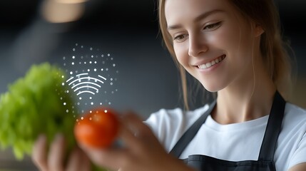 Young Woman Smiling While Holding Fresh Vegetables and Using Technology in Modern Kitchen Setting
