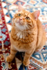 Orange cat sitting on a colorful patterned rug looking up in a cozy interior space
