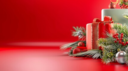 Festive Christmas Decorations with Gift Boxes, Candles, and Pine Branches on a Bright Red Background