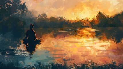Halcyon Days. serene lakeside meditation scene at golden hour, impressionistic style, soft brush strokes, luminous lighting effects, figure in peaceful pose, reflective water surface